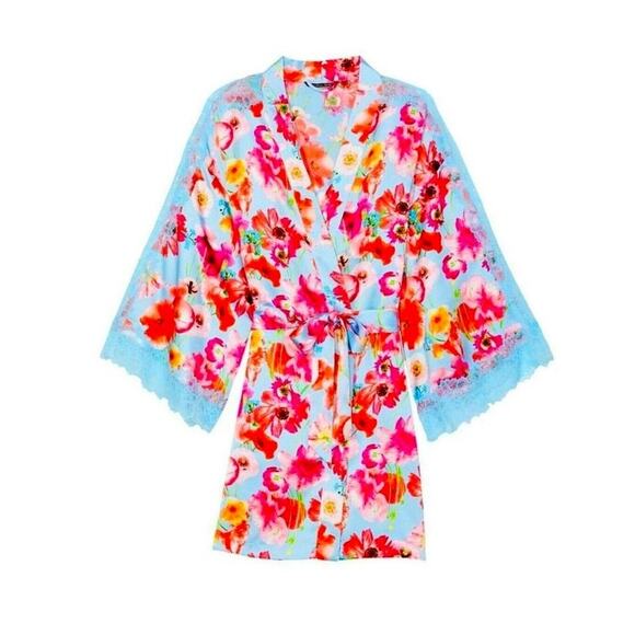 Victoria Secret Happy Poppies Lace Insert Robe EUC Size XS Small Satin Tie Waist - Picture 2 of 12